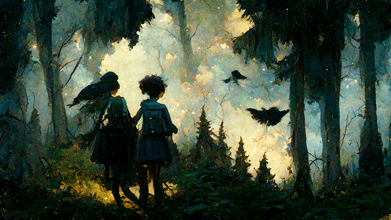 Boy and girl watching shadow over forest|