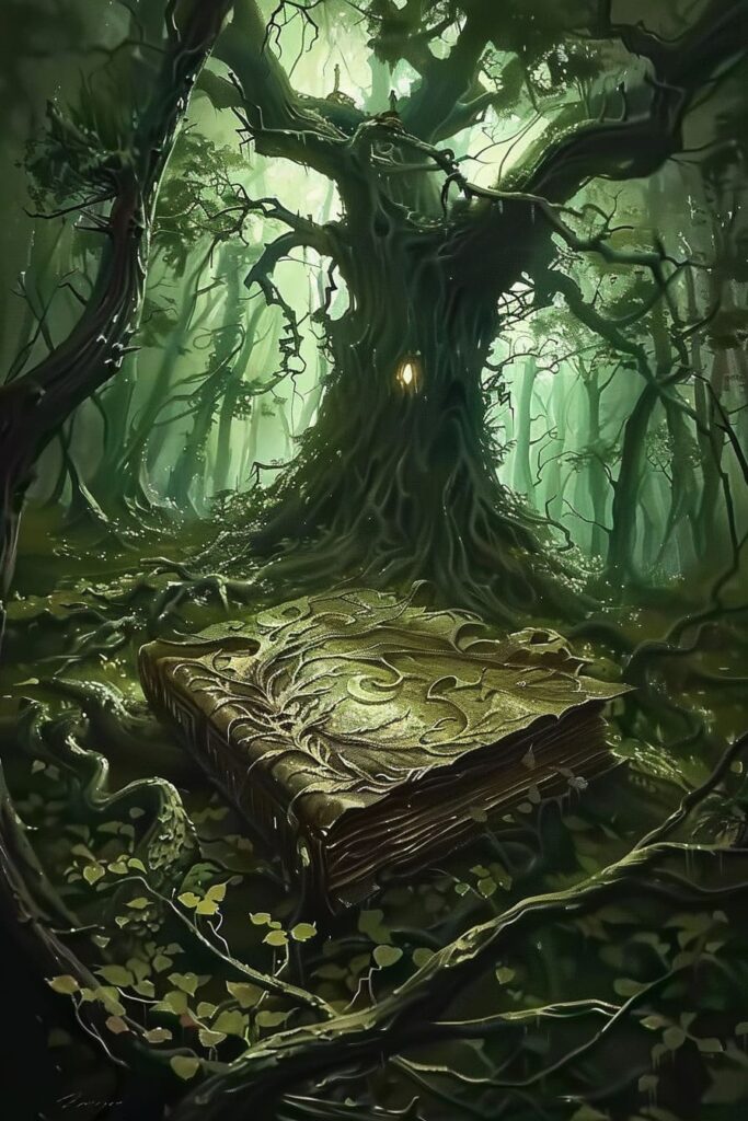tattered spellbook on the forest floor