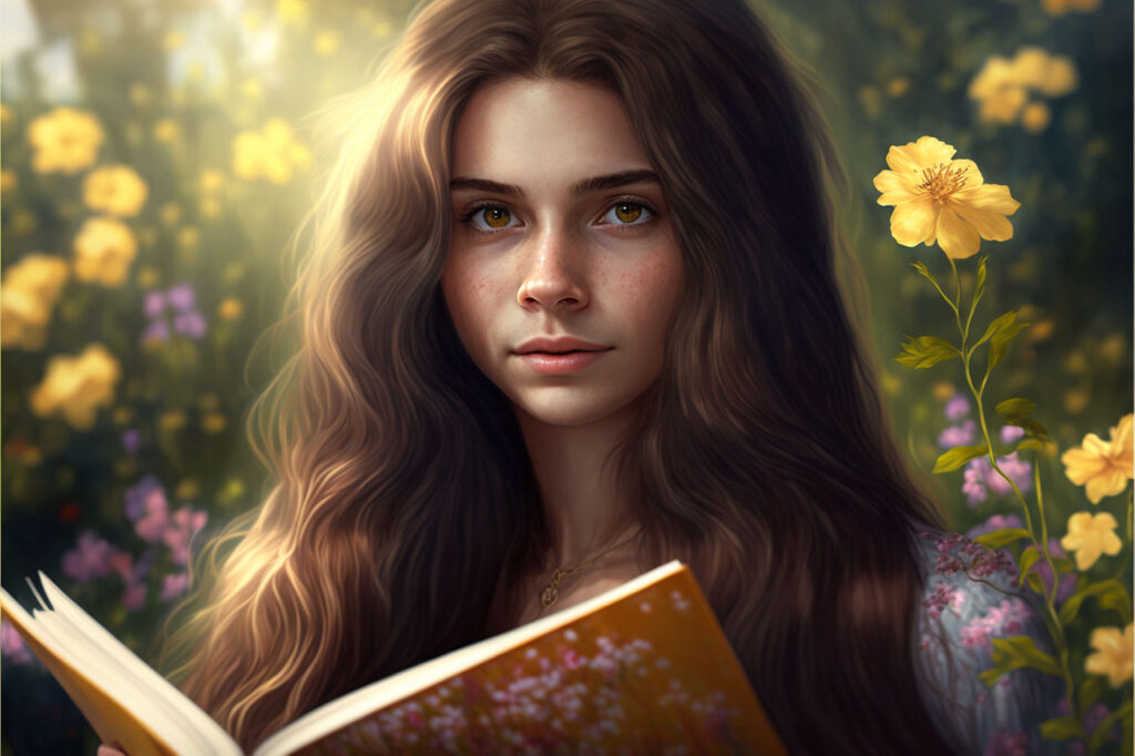 Brown haired girl reading poetry in a garden of flowers